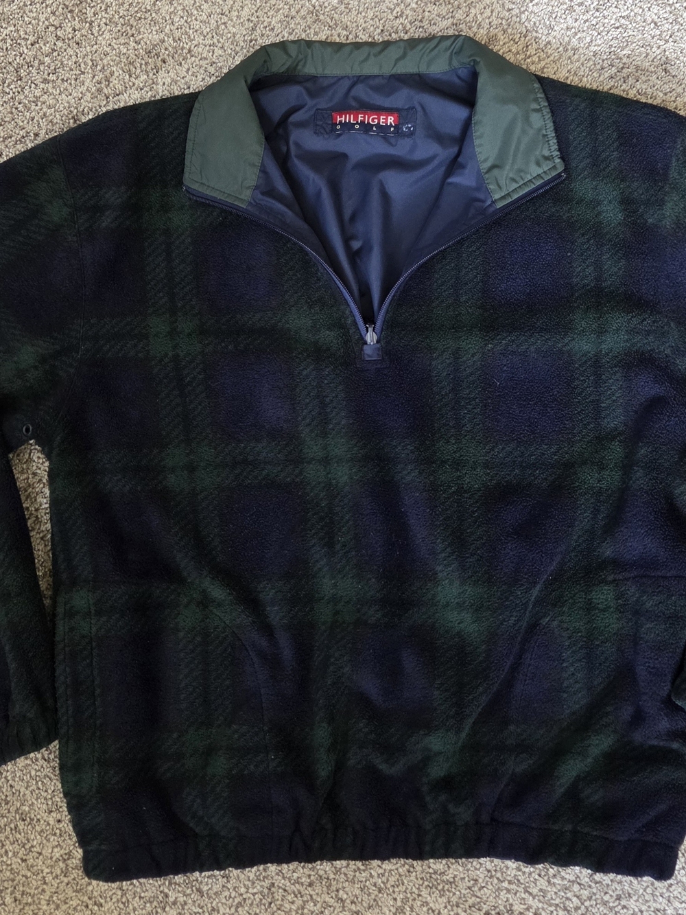 Tommy Hilfiger Green & Navy Plaid Reversable Quarter-Zip Fleece Pullover Grandpa